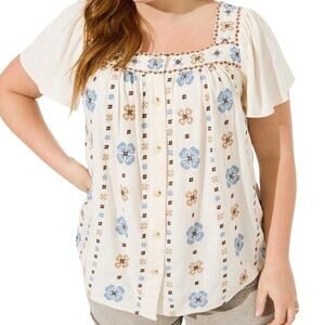 Torrid Cream Blouse with Blue and Brown Floral Pattern